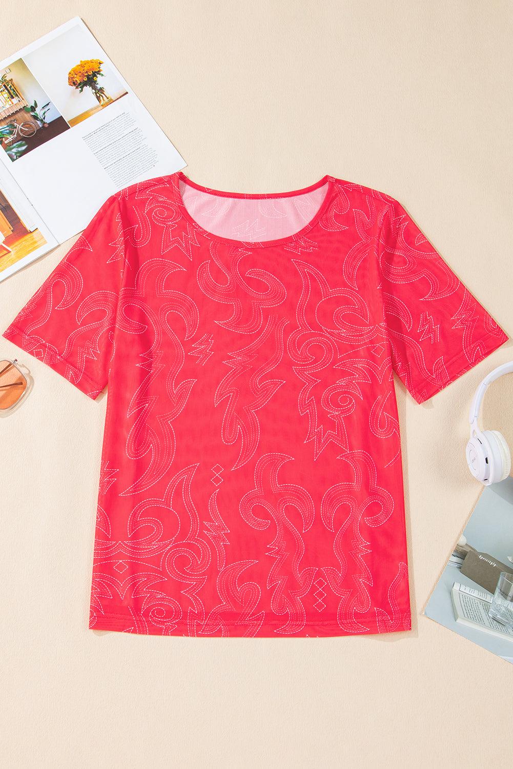 Red Western boot stitch Mesh T Shirt