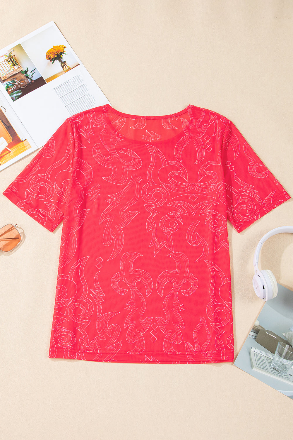 Red Western boot stitch Mesh T Shirt
