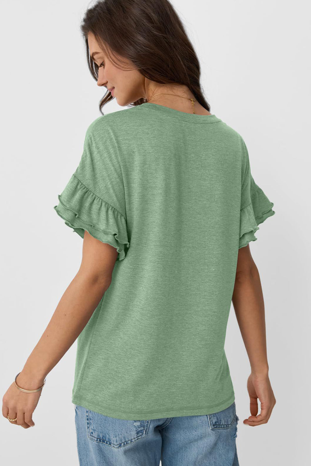 Grass Green Solid Color Ruffle Sleeve T-Shirt