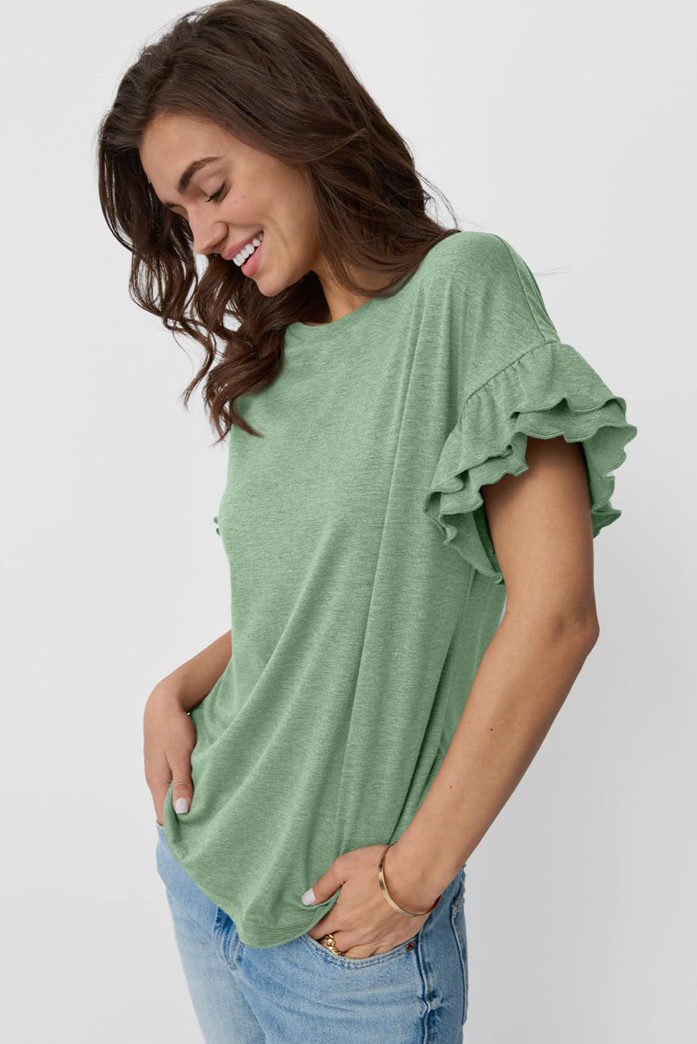 Grass Green Solid Color Ruffle Sleeve T-Shirt