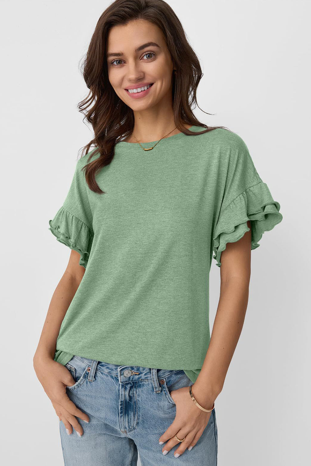 Grass Green Solid Color Ruffle Sleeve T-Shirt
