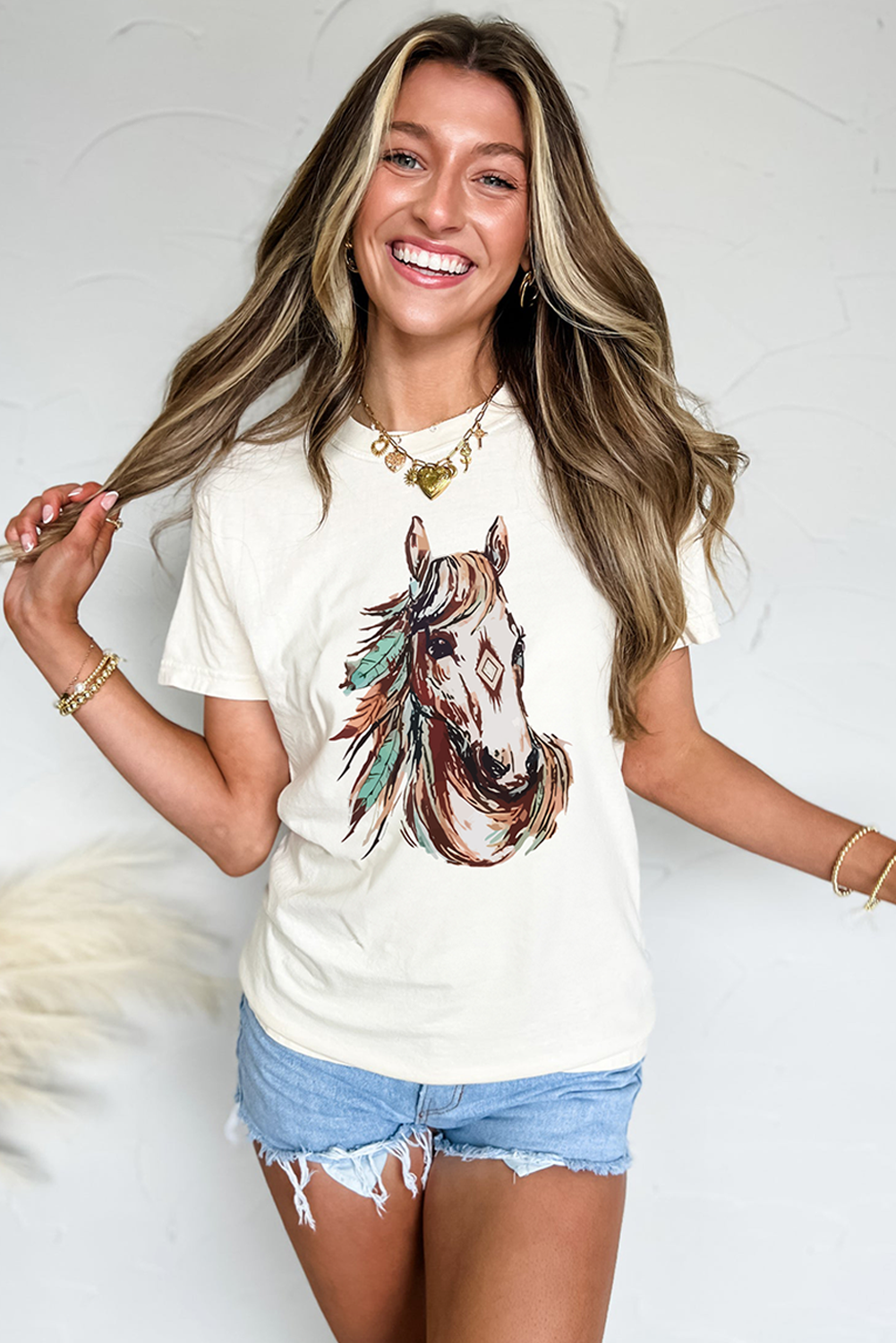White Western Aztec Horse Graphic Crewneck Tee