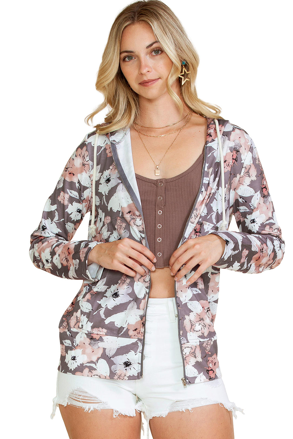 ***CLEARANCE***Gray Vintage Floral Print Pocketed Full Zip Hoodie
