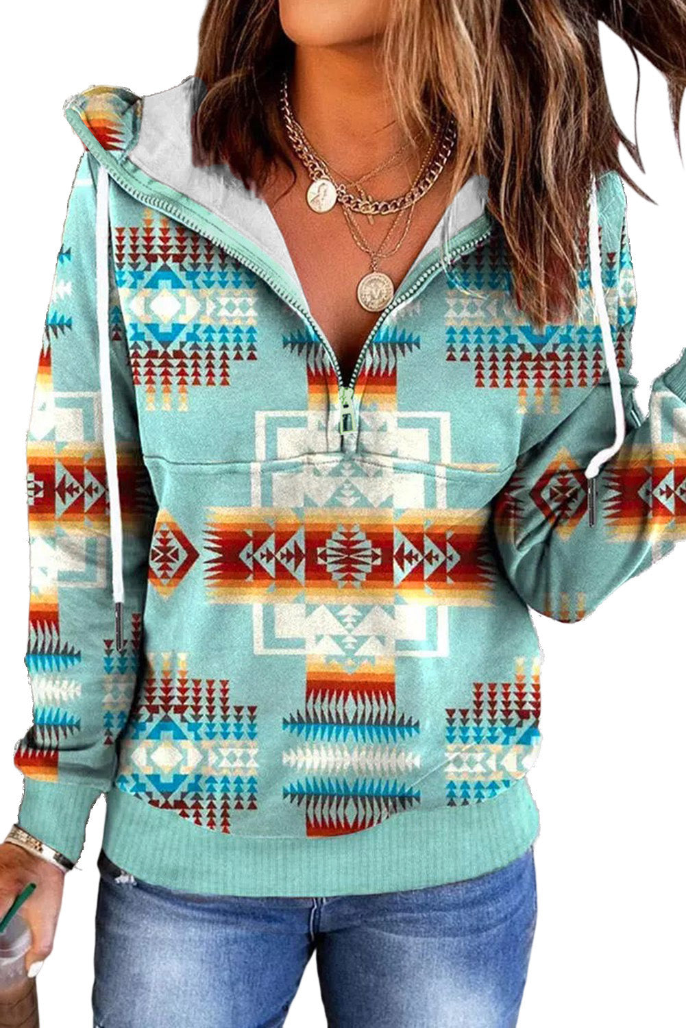 Aztec Geometric Drawstring Zipper Hoodie