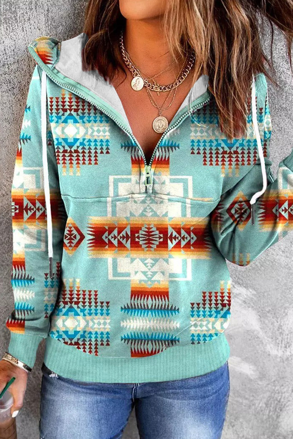 Aztec Geometric Drawstring Zipper Hoodie