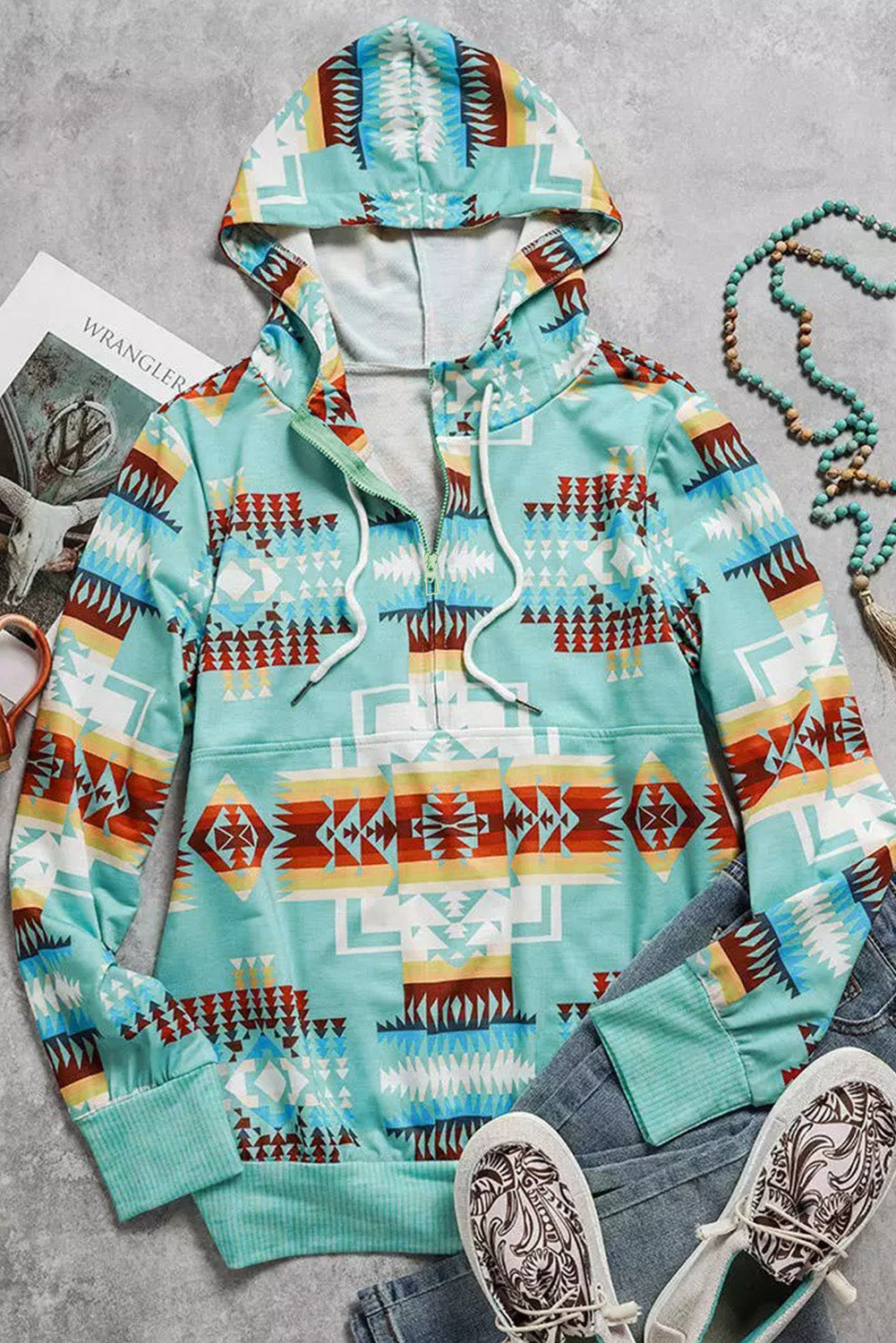 Aztec Geometric Drawstring Zipper Hoodie