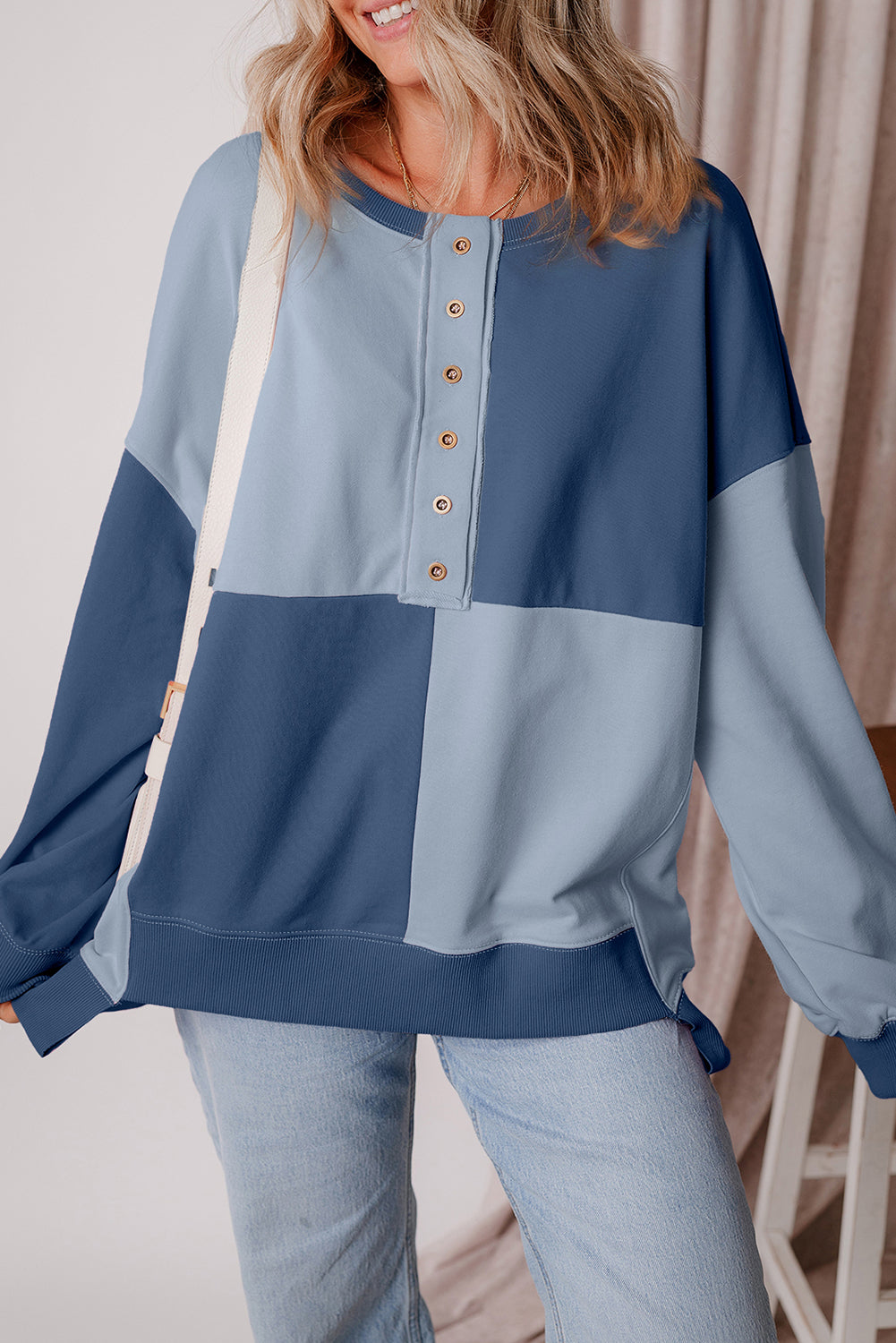 Beau Blue Colorblock Henley High Low Oversize Sweatshirt