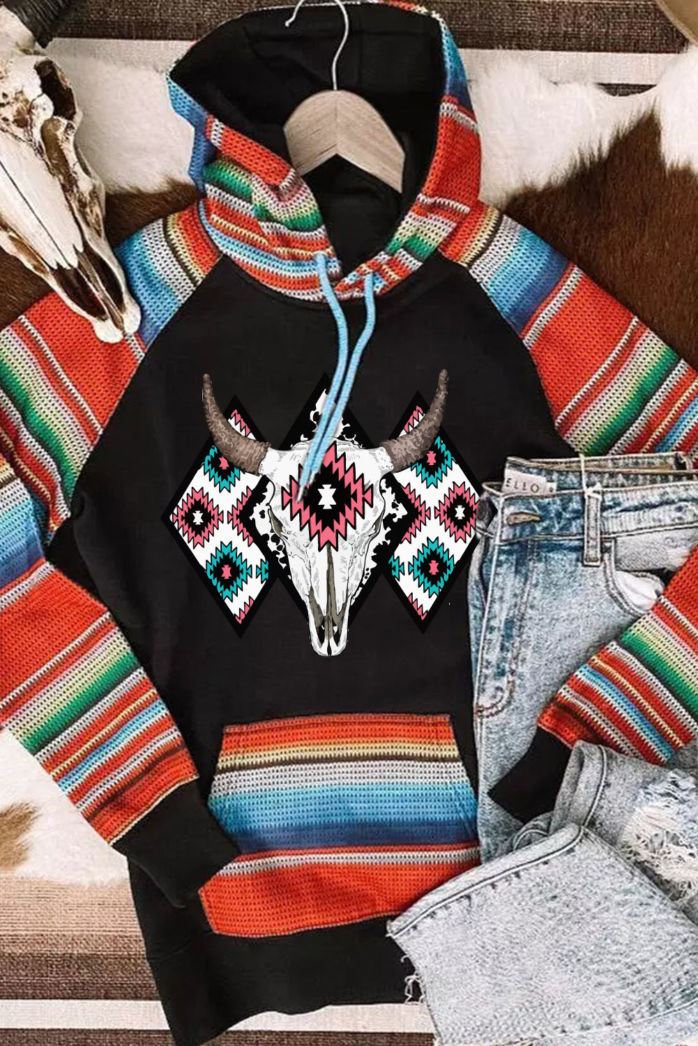 ***CLEARANCE *** Multicolor Western Steer Head Aztec Serape Patchwork Pocketed Hoodie