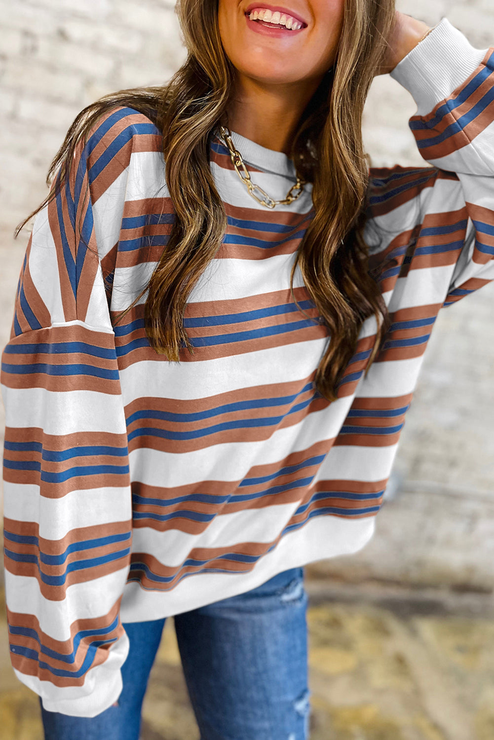 Brown Stripe Crew Neck Drop Shoulder Pullover Sweatshirt
