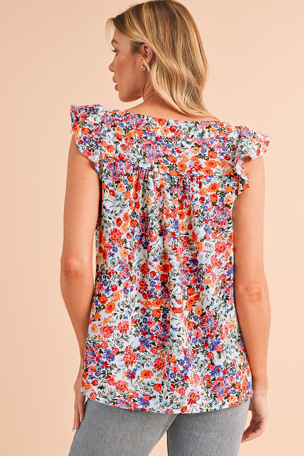 Rose Red Boho Floral Square Neck Flutter Sleeveless Top