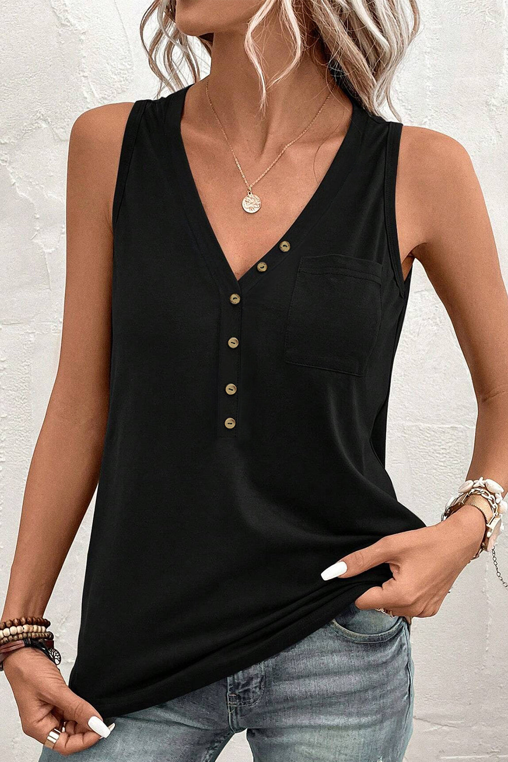 Half Button V Neck Patched Pocket Tank Top