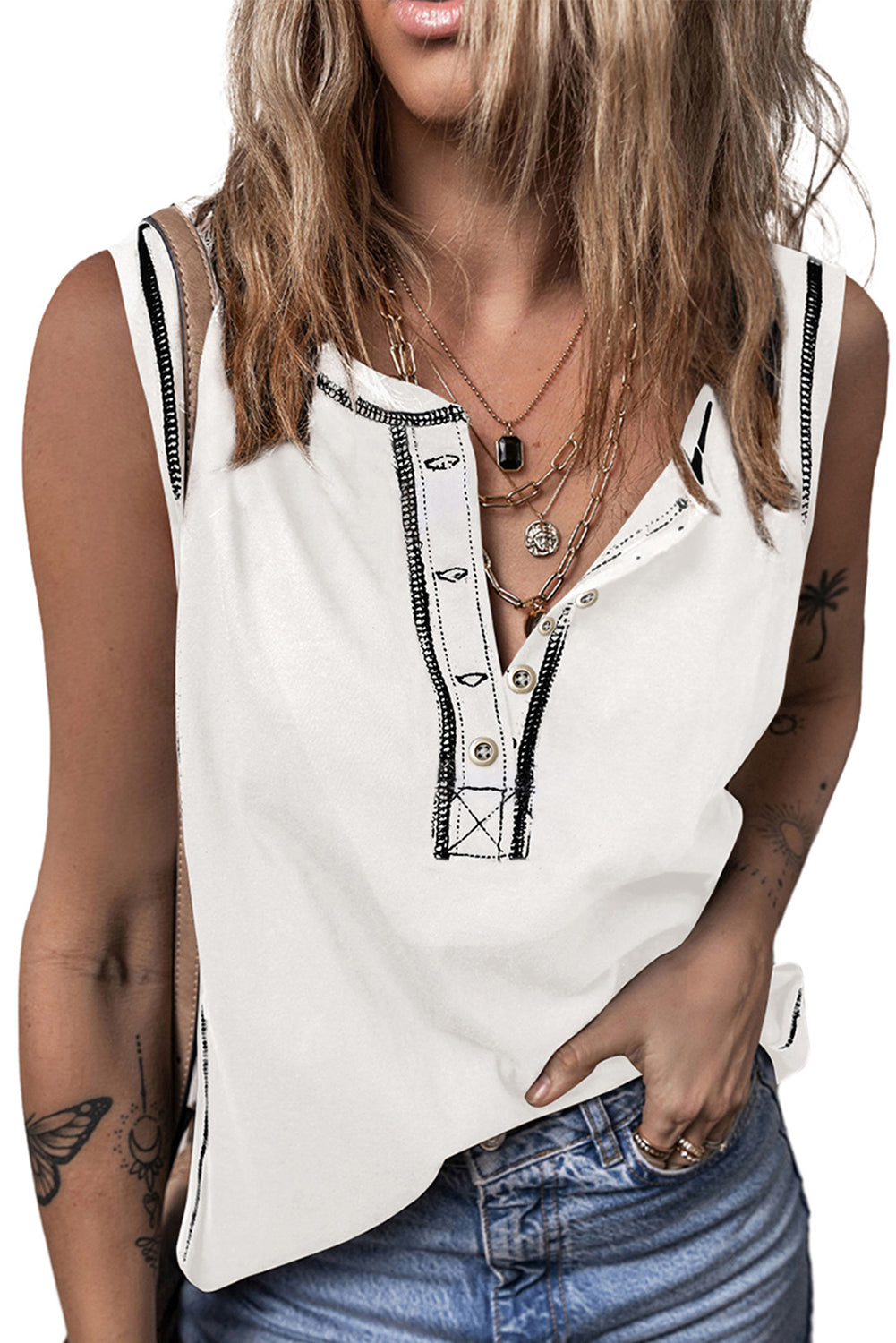 Stitching Seam Henley Tank Top