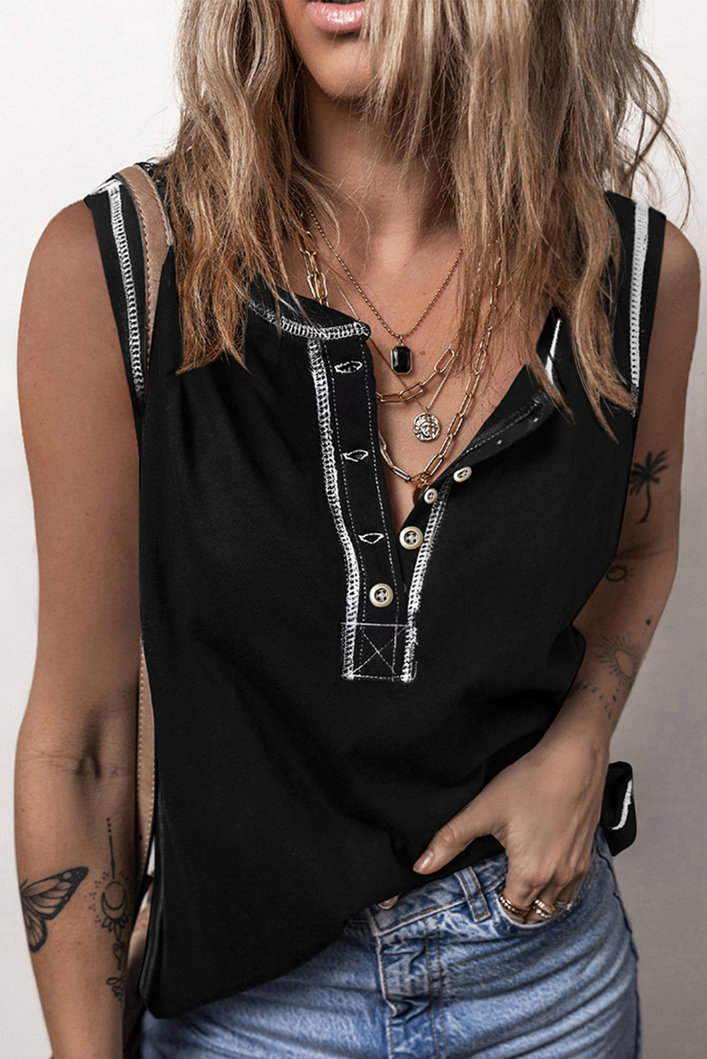 Stitching Seam Henley Tank Top