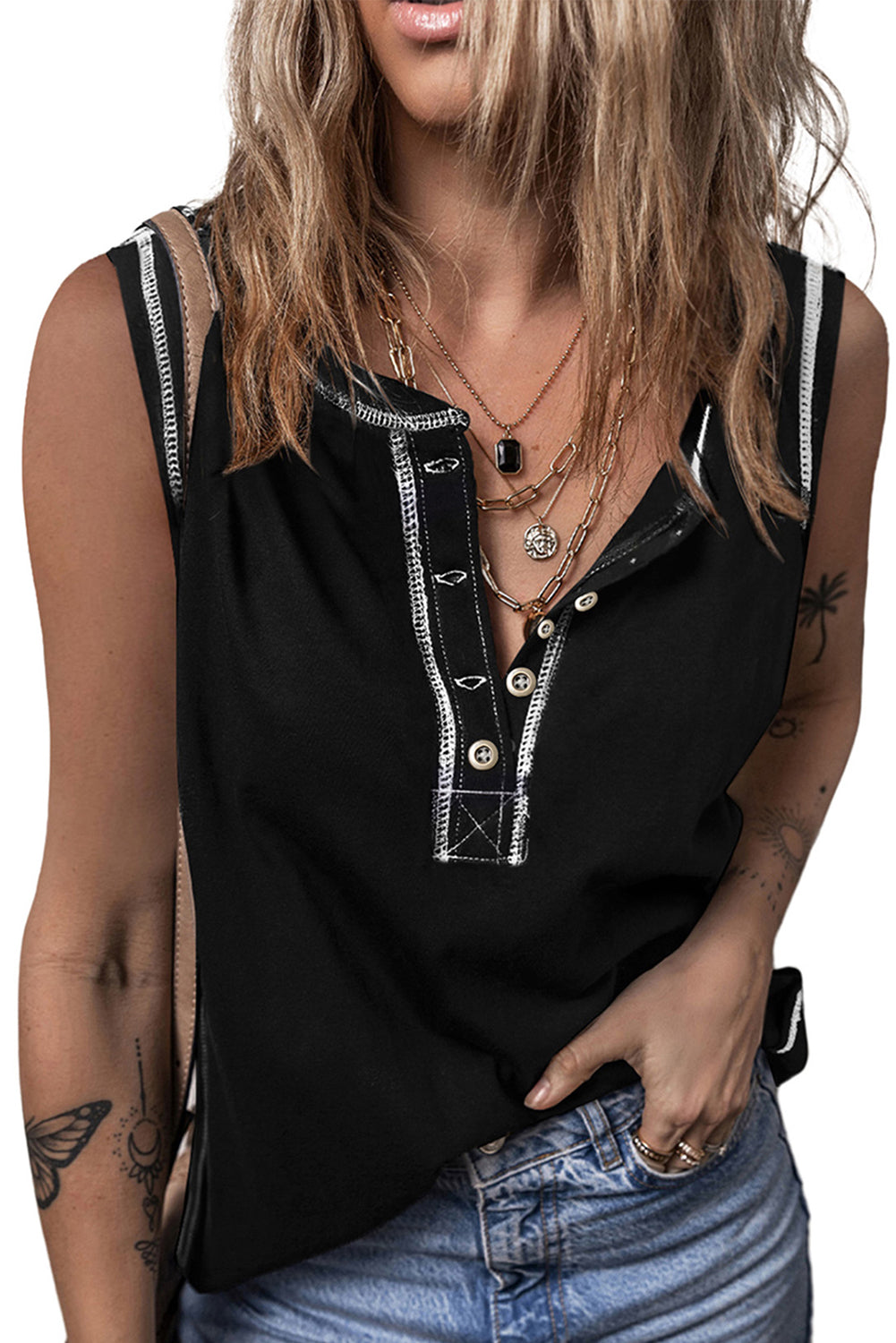 Stitching Seam Henley Tank Top