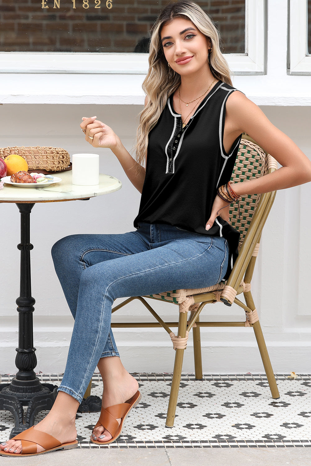 Stitching Seam Henley Tank Top