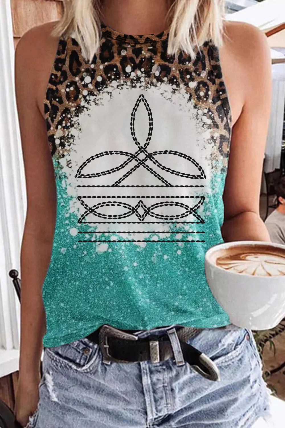 Boot stitch Tie Dye Leopard Western Graphic Tank Top