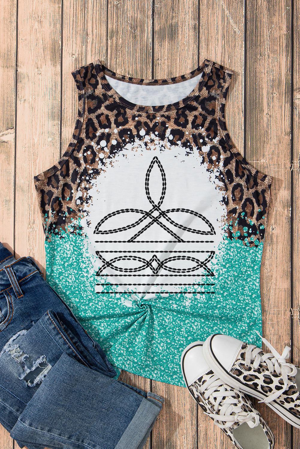 Boot stitch Tie Dye Leopard Western Graphic Tank Top