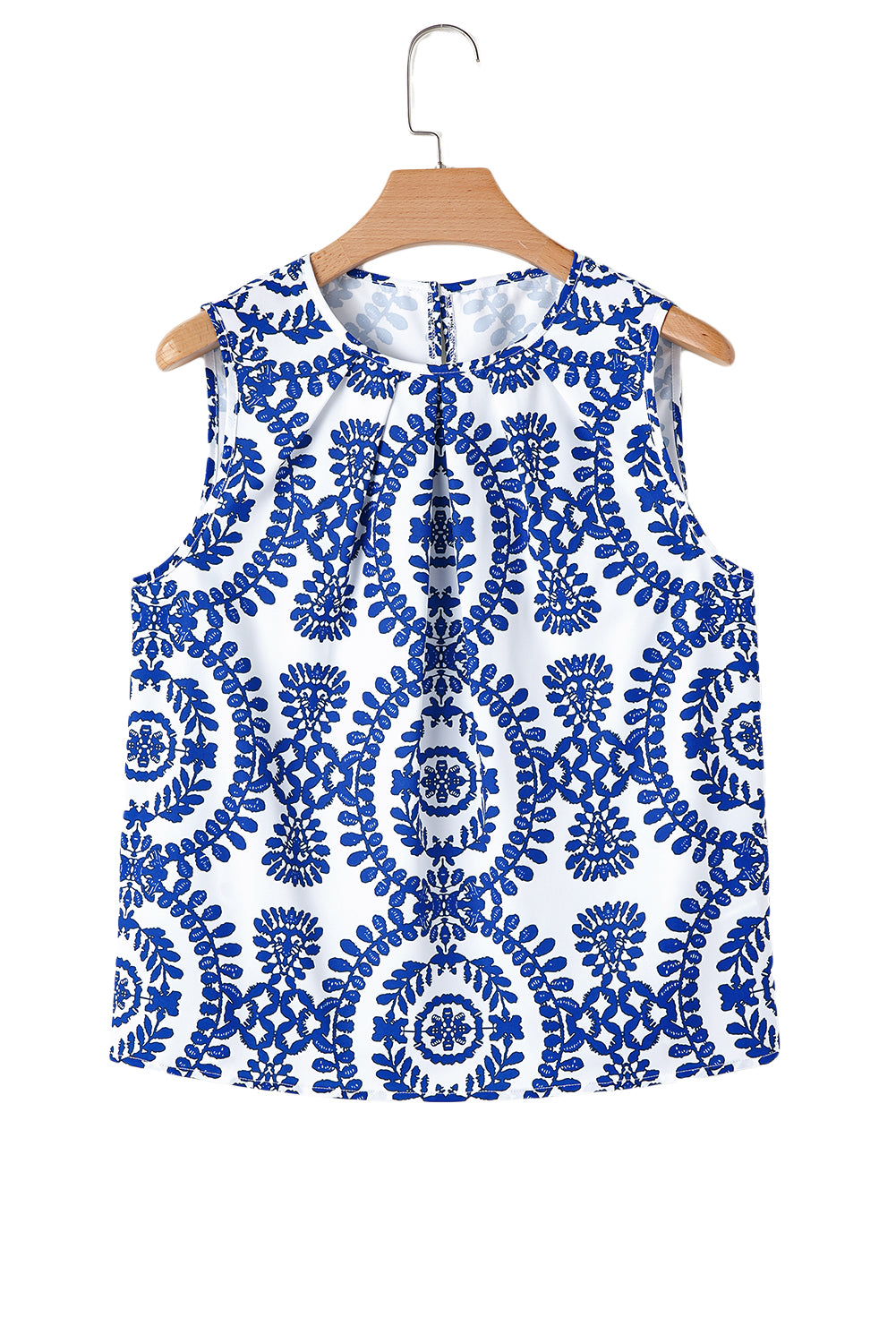 Blue Boho Geometric Print Pleated Sleeveless Top