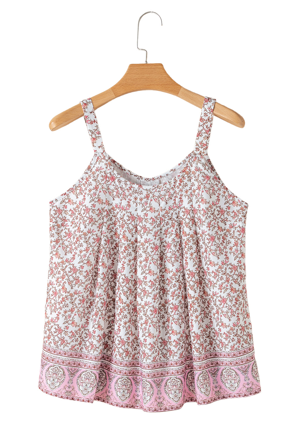 Pink Bohemian Floral Pleated U Neck Tank