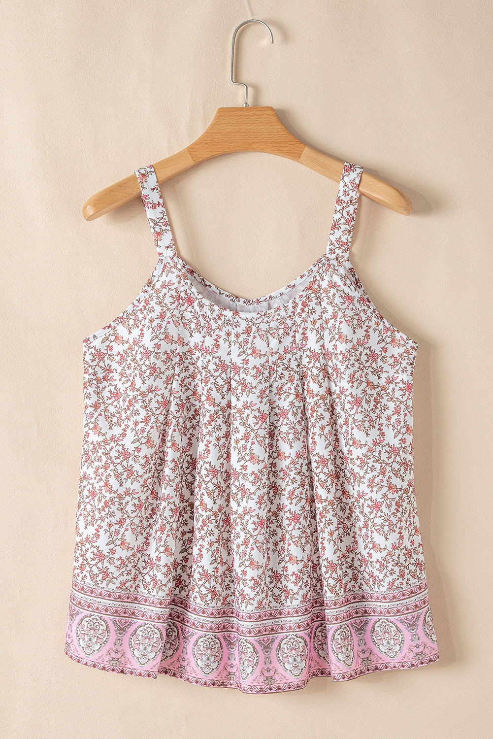 Pink Bohemian Floral Pleated U Neck Tank