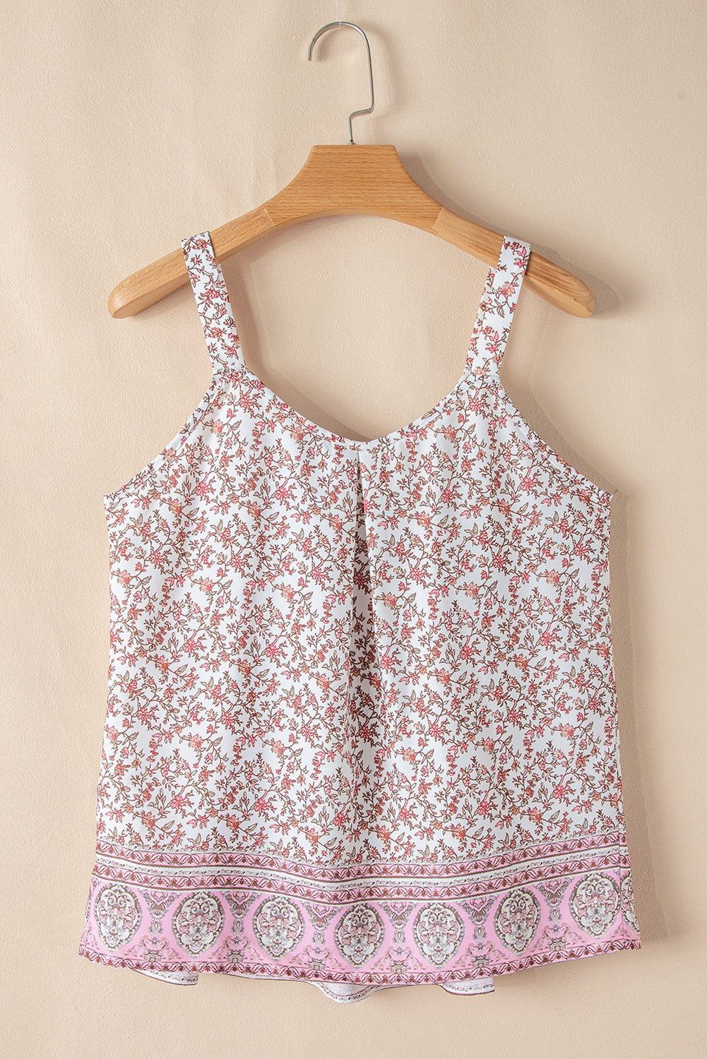 Pink Bohemian Floral Pleated U Neck Tank
