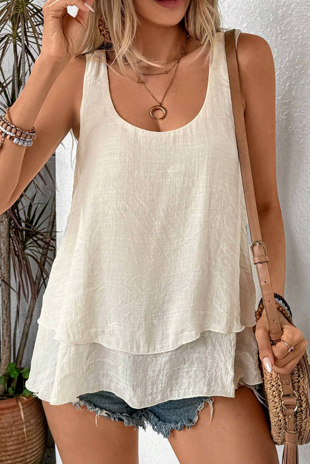 Beige Sleeveless Double Layer Shift Tank Top