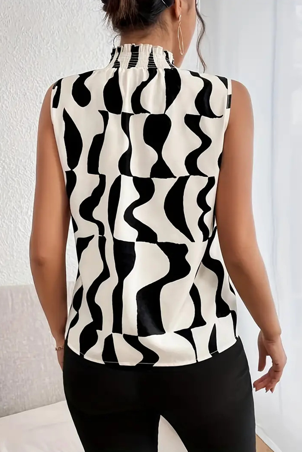 Black Abstract Print Smocked Neck Sleeveless Top