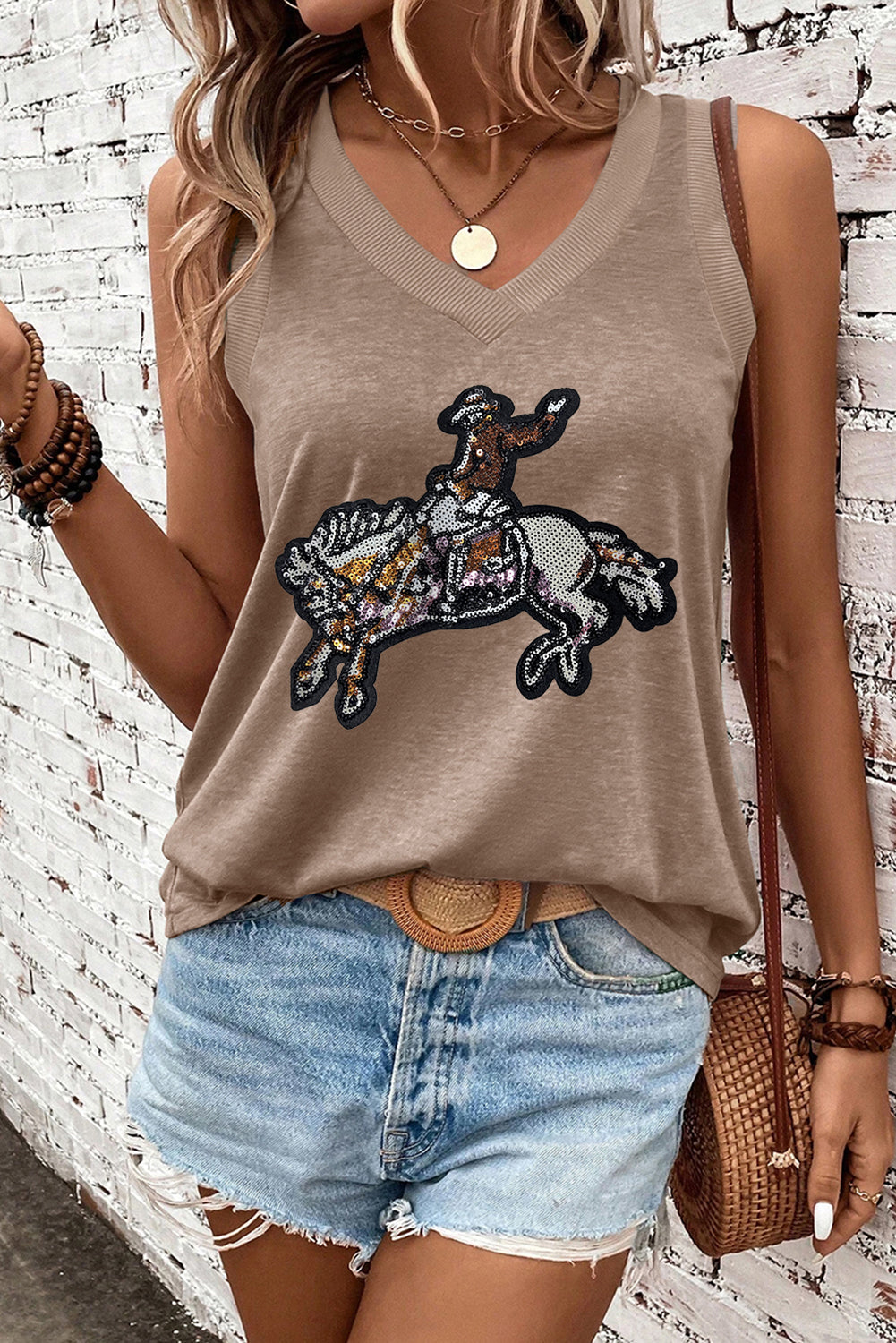 Simply Taupe Sequined Rodeo Graphic Fashion Tank Top