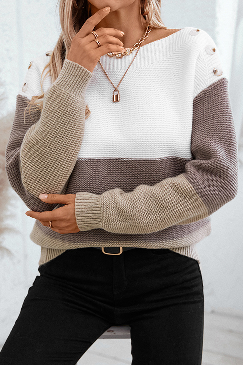 Colorblock Knitted Buttoned Shoulder Sweater