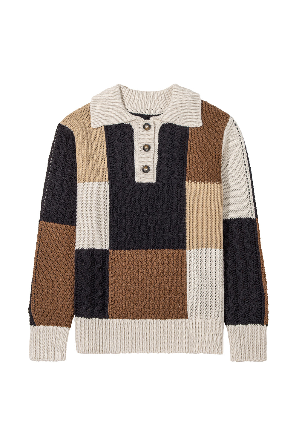 Multicolor Colorblock Cable Knit Sleeve Buttons Collared Sweater