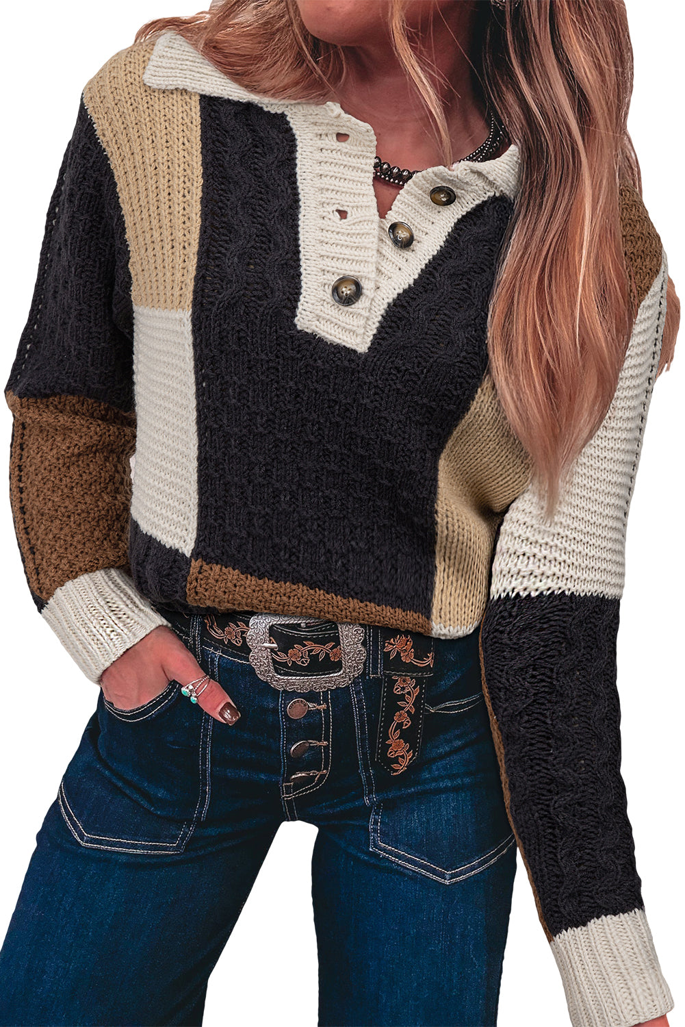 Multicolor Colorblock Cable Knit Sleeve Buttons Collared Sweater