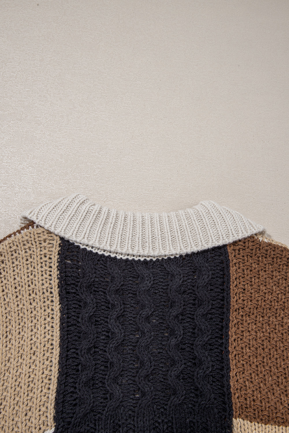 Multicolor Colorblock Cable Knit Sleeve Buttons Collared Sweater
