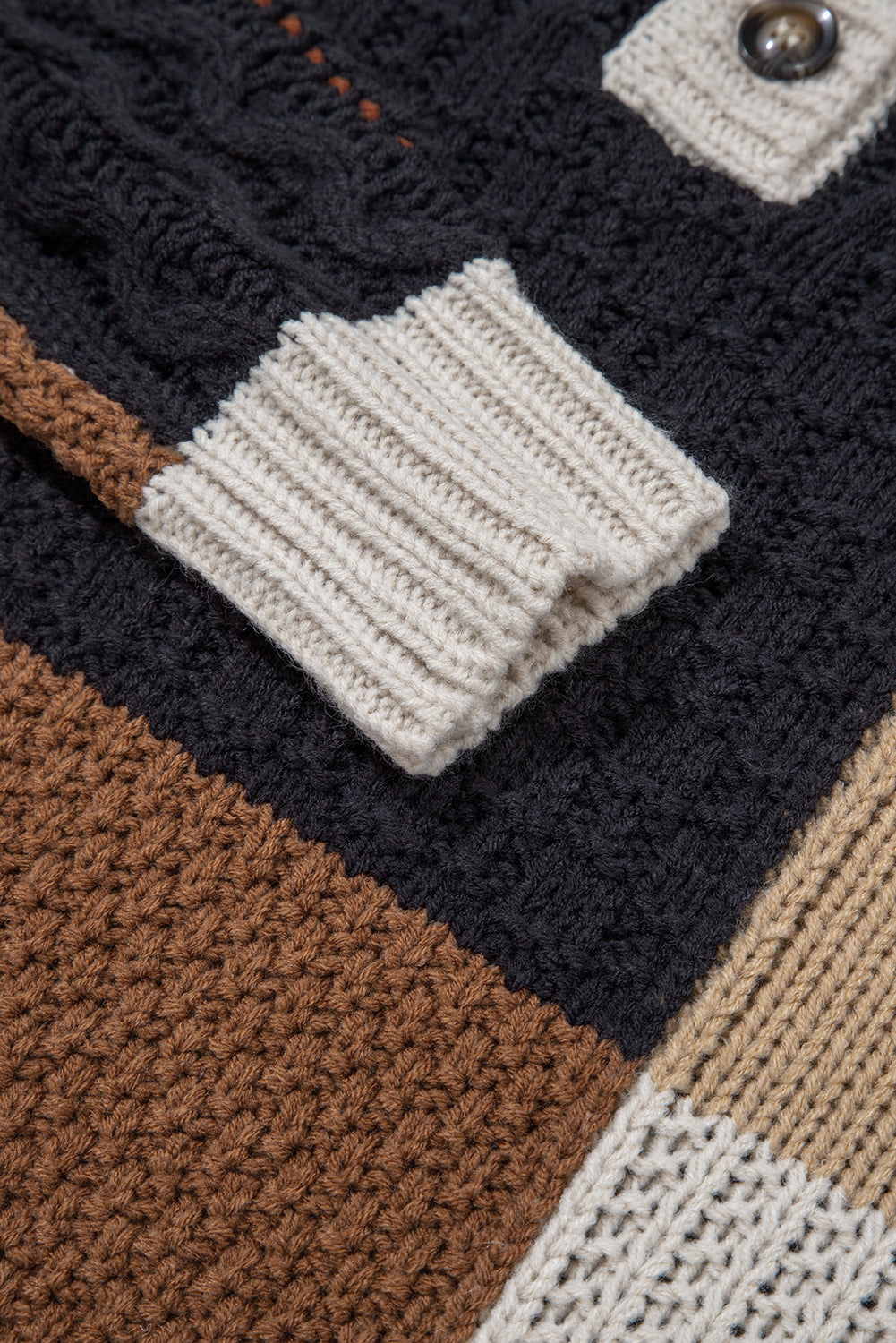 Multicolor Colorblock Cable Knit Sleeve Buttons Collared Sweater