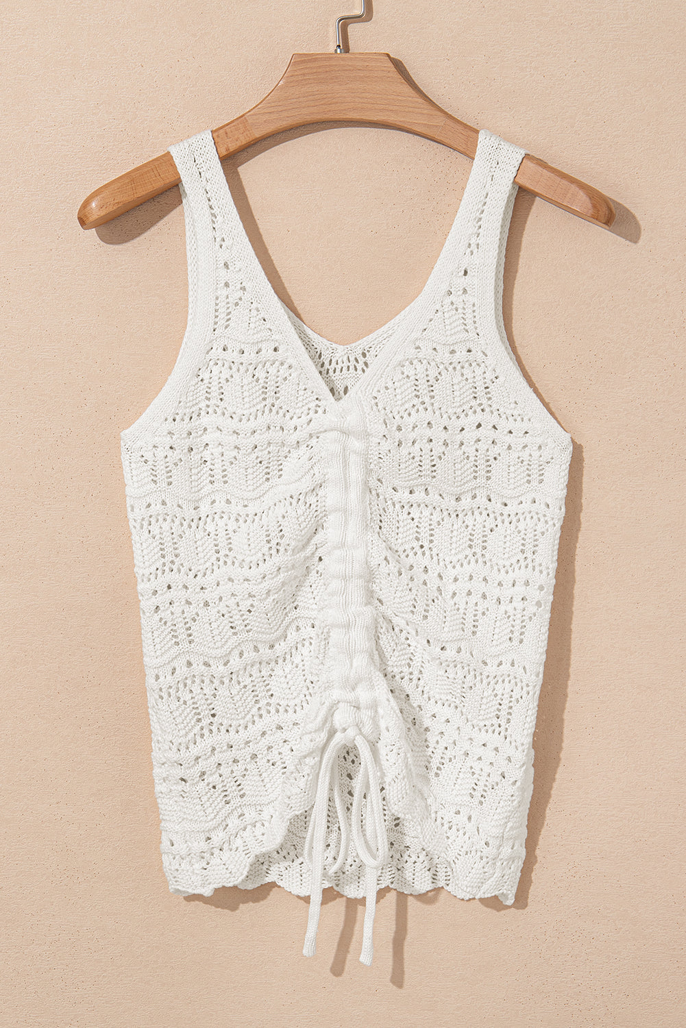 white hollow Out Drawstring V Neck Knit top tank