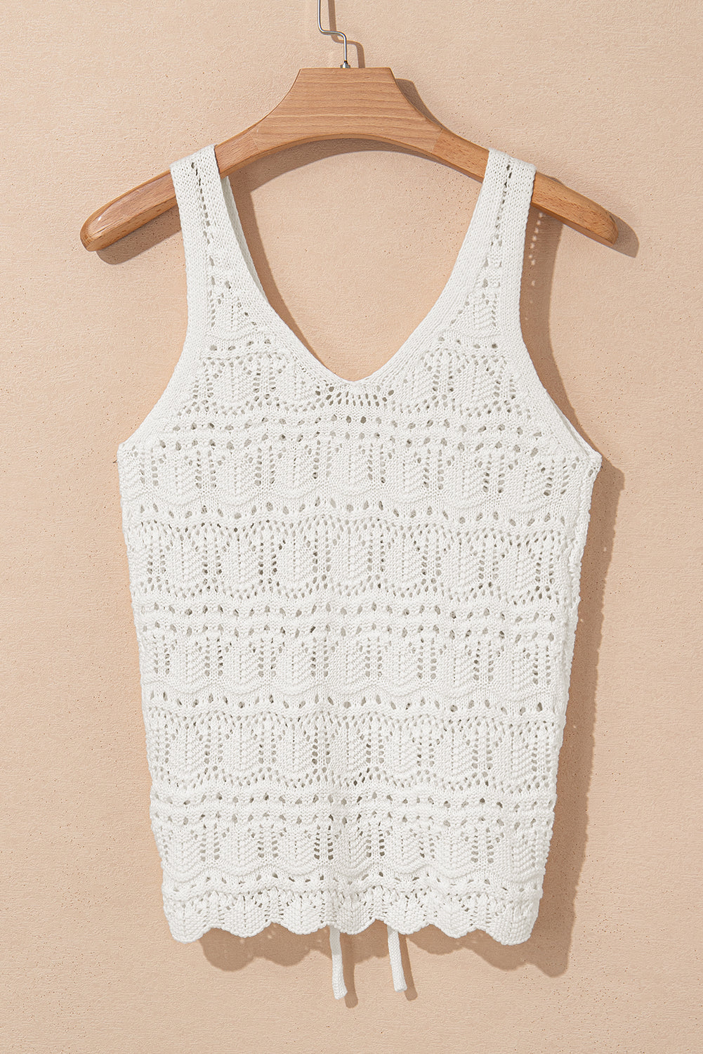 white hollow Out Drawstring V Neck Knit top tank