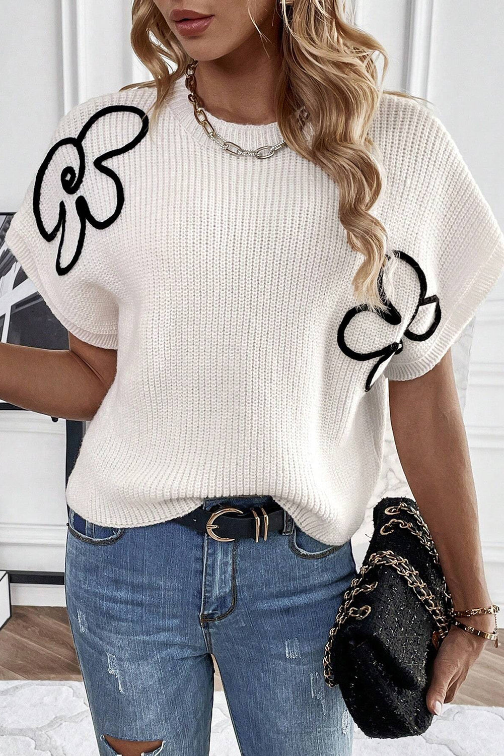 White Floral Pattern Short Batwing Sleeve Knitted Top