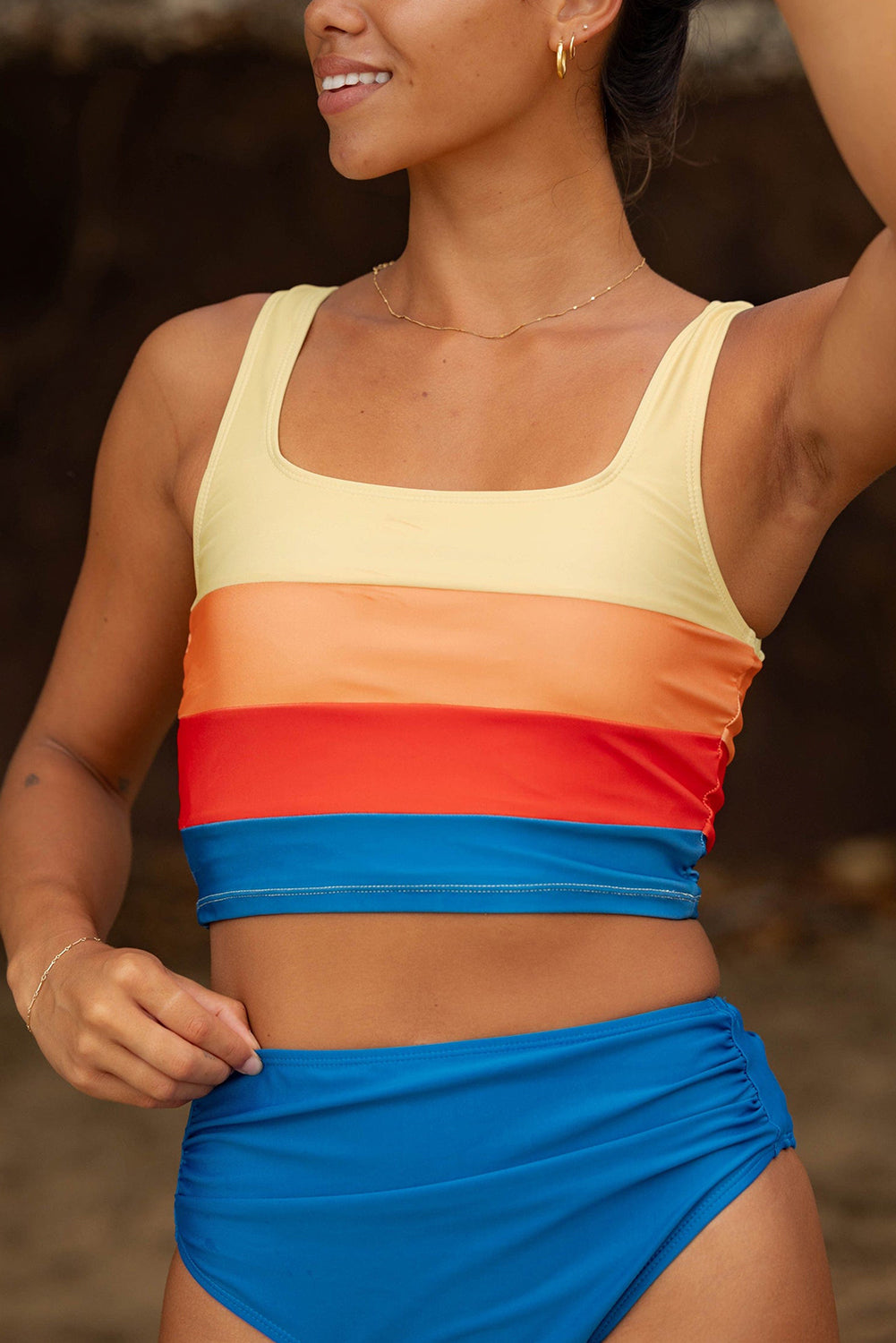 Blue Colorblock Top Pleated High Waisted Bikini Swimwear