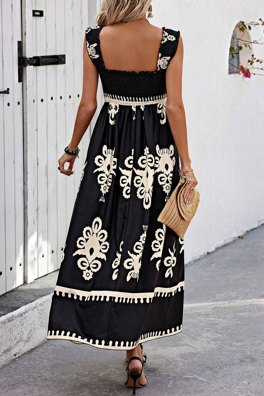 Apricot Boho Print Smocked Ruffle Sleeveless Maxi Dress