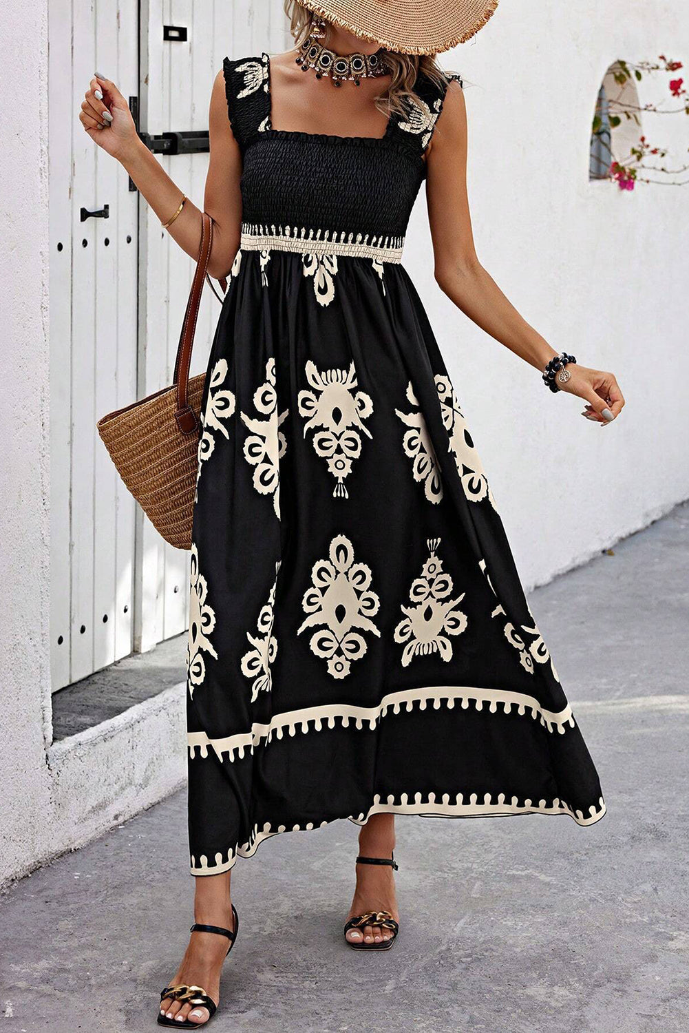 Apricot Boho Print Smocked Ruffle Sleeveless Maxi Dress