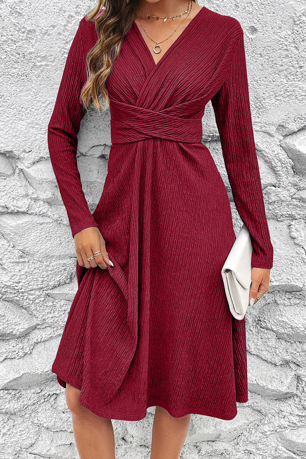 Red Cross Wrap Long Sleeve Textured Dress