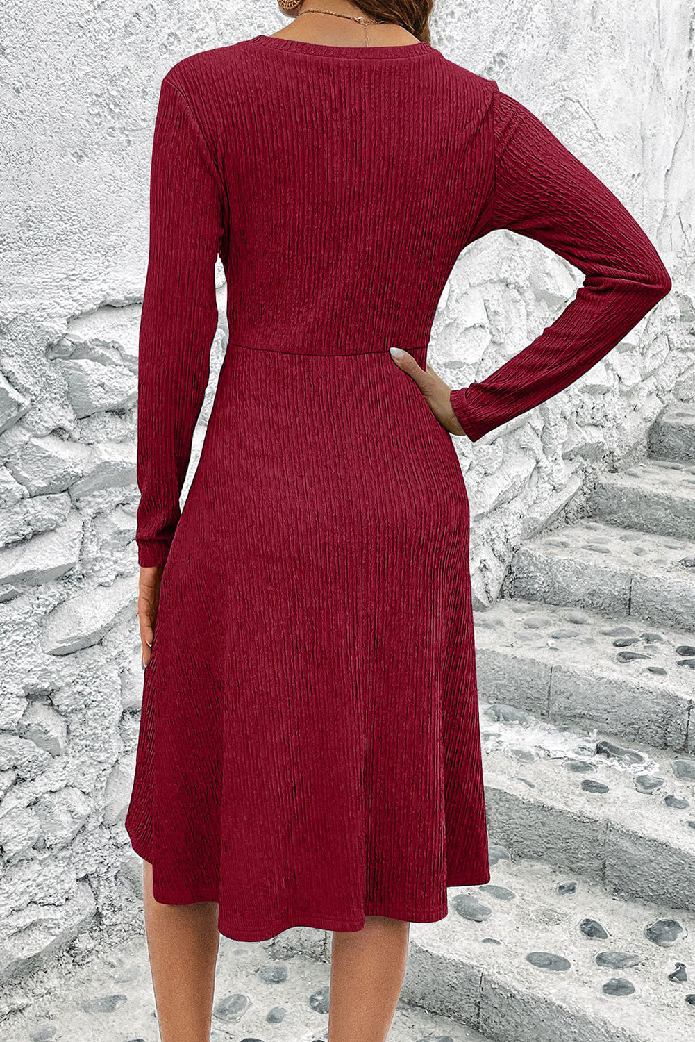 Red Cross Wrap Long Sleeve Textured Dress