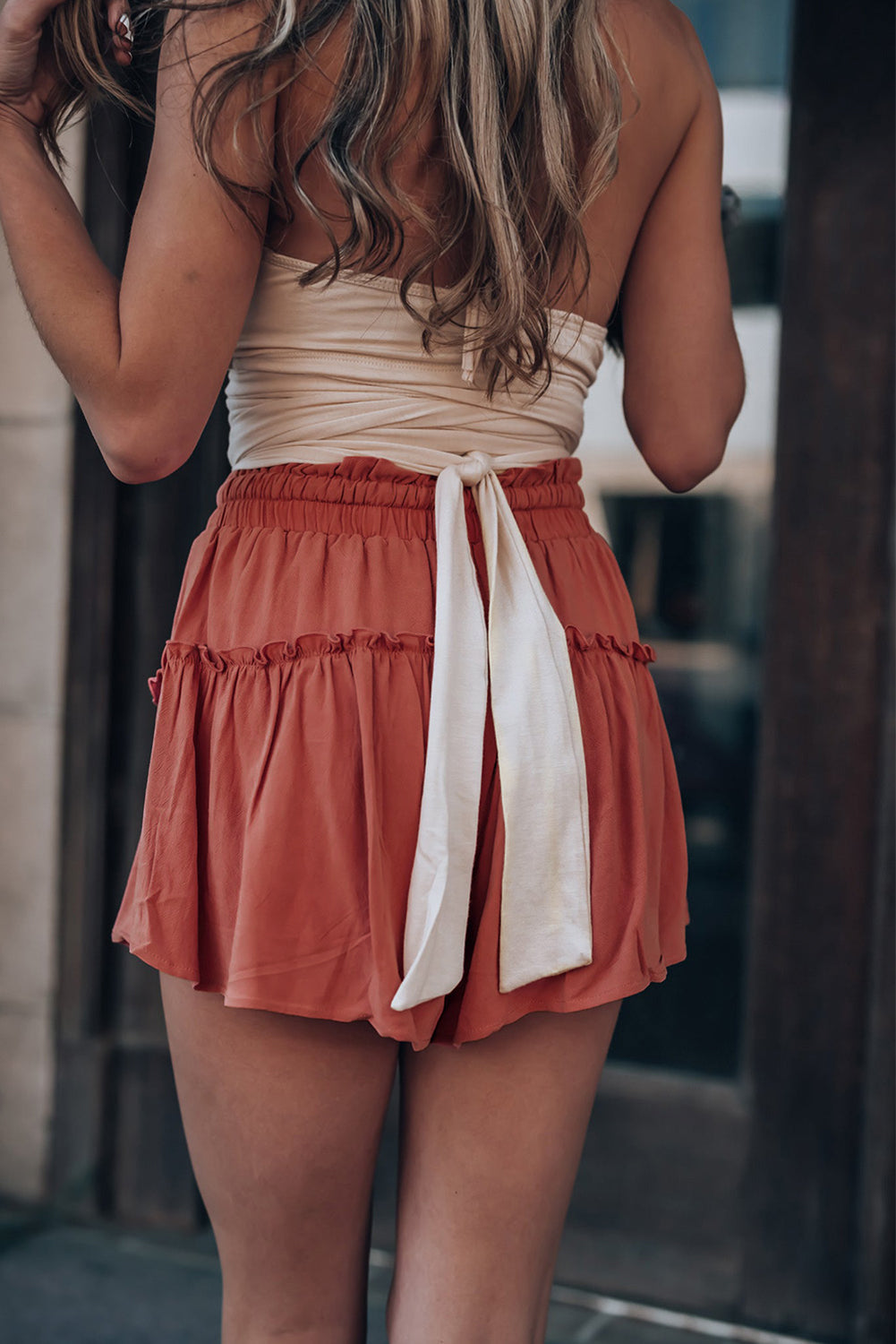 Red Solid Belted Frill Trim Drawstring Shorts