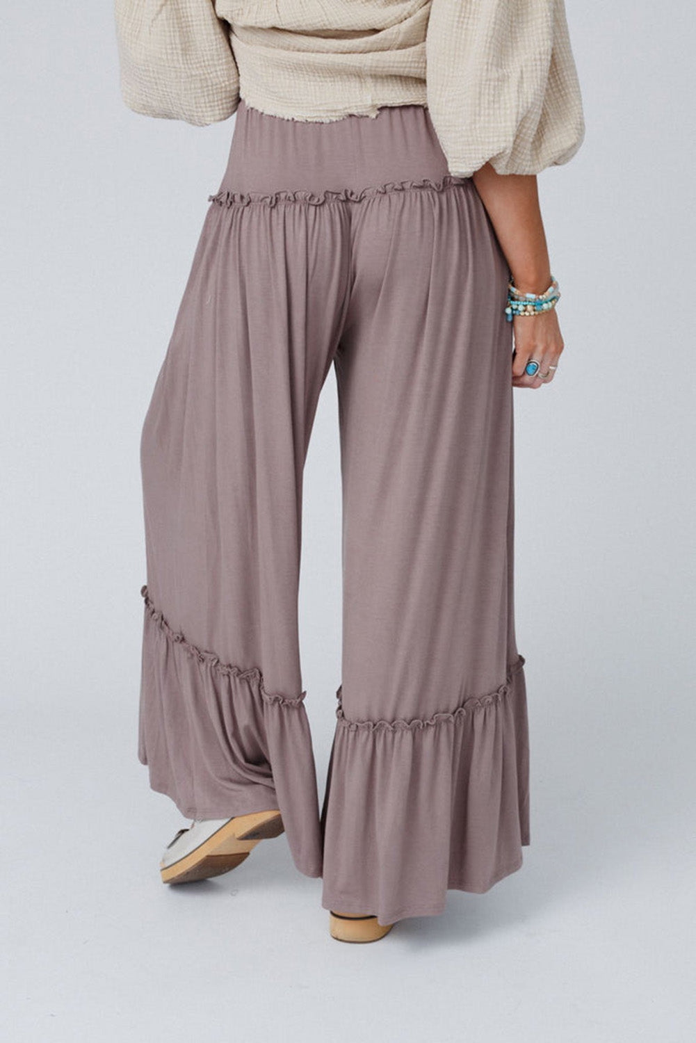 Frilled Drawstring High Waist Wide Leg Pants in light pink or black