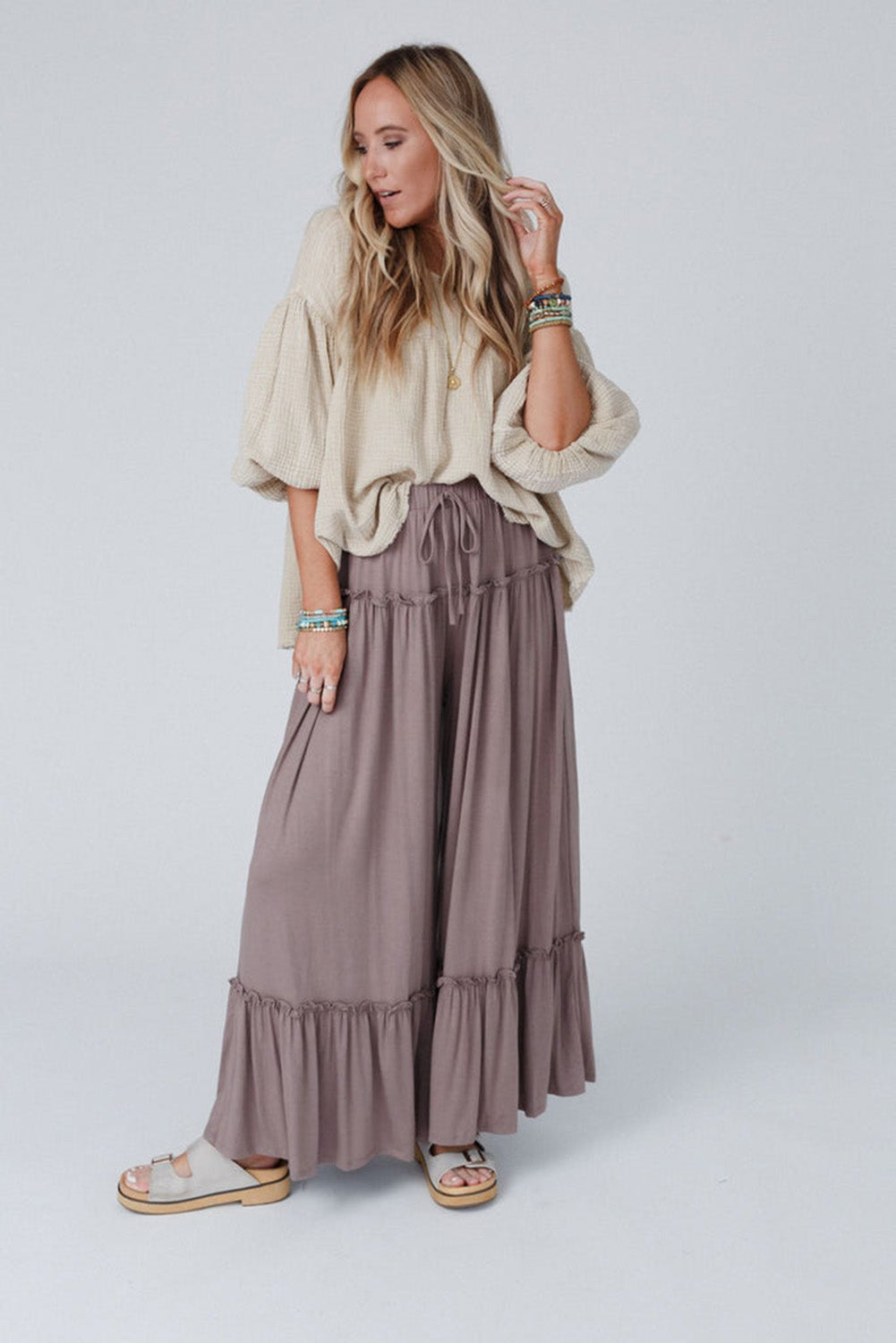 Frilled Drawstring High Waist Wide Leg Pants in light pink or black