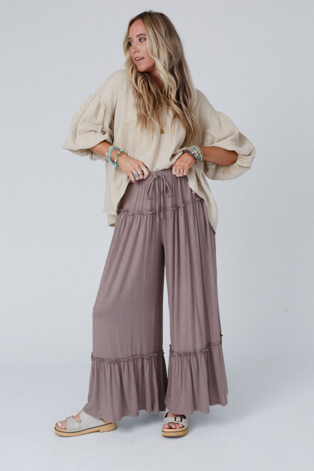Frilled Drawstring High Waist Wide Leg Pants in light pink or black