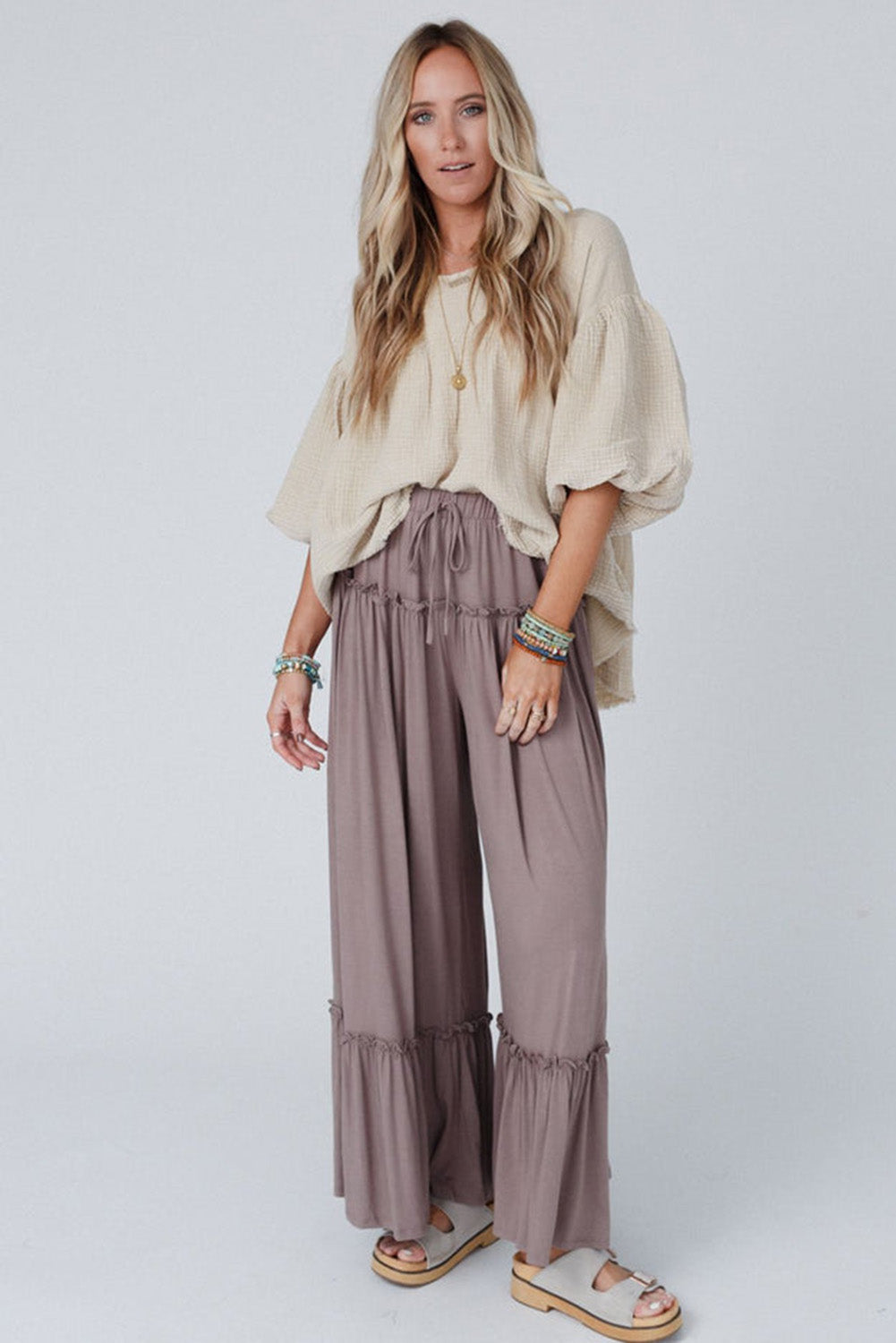 Frilled Drawstring High Waist Wide Leg Pants in light pink or black