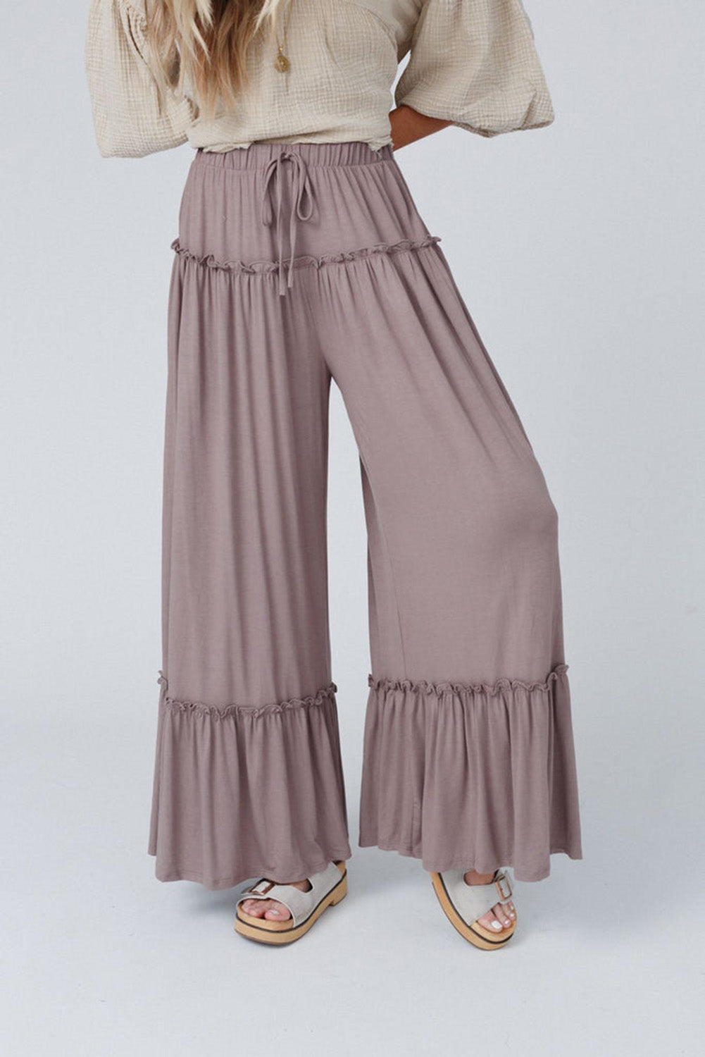 Frilled Drawstring High Waist Wide Leg Pants in light pink or black