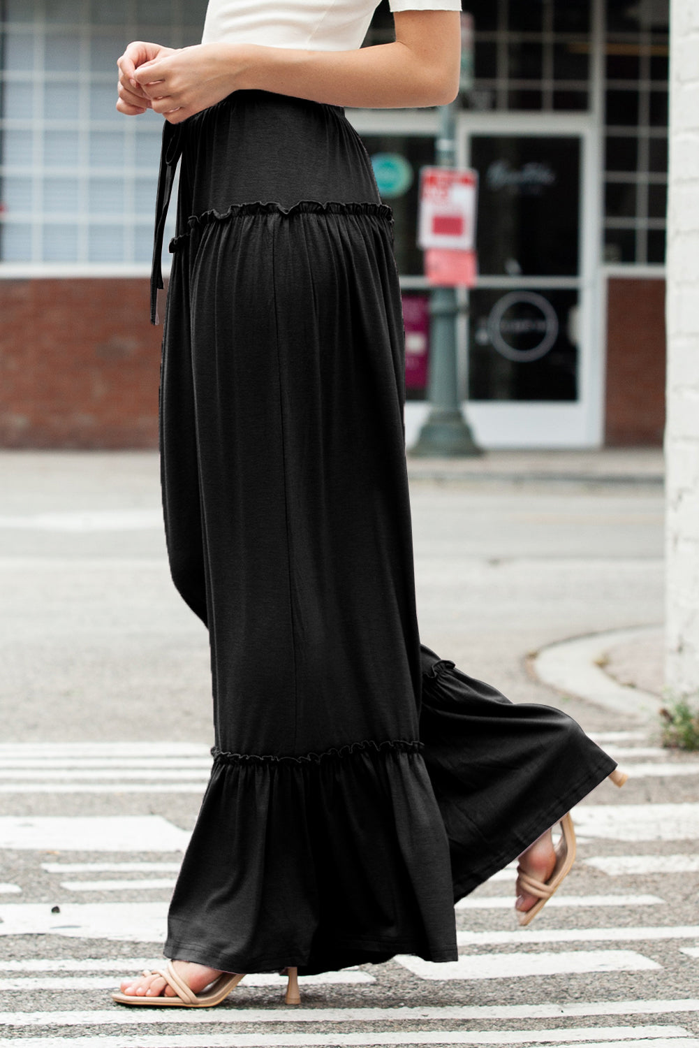 Frilled Drawstring High Waist Wide Leg Pants in light pink or black