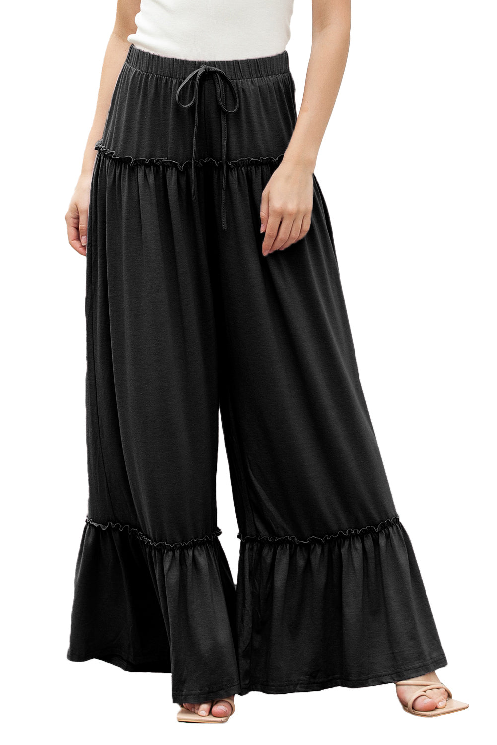 Frilled Drawstring High Waist Wide Leg Pants in light pink or black