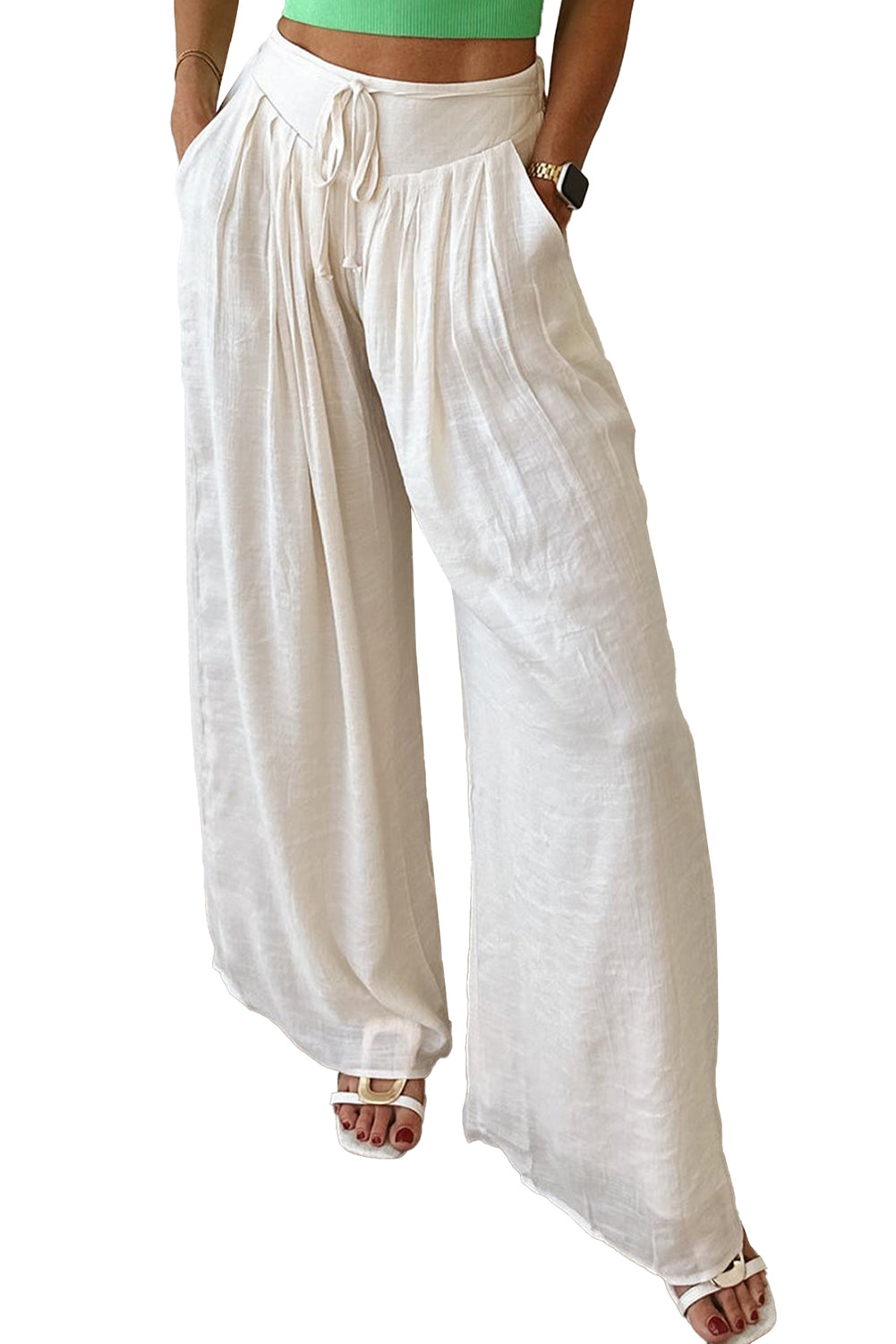 White Casual Tie Waist Pleated Wide Leg Pants